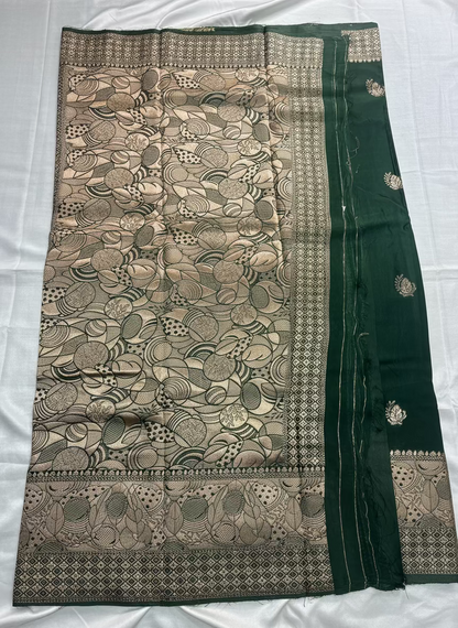 Dark Green Banarasi Russian Silk Saree with Light Gold Pallu & Border - Traditional Wear