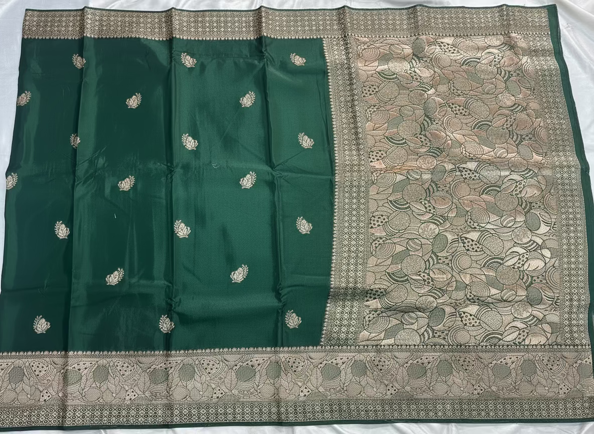 Dark Green Banarasi Russian Silk Saree with Light Gold Pallu & Border - Traditional Wear