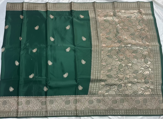 Dark Green Banarasi Russian Silk Saree with Light Gold Pallu & Border - Traditional Wear