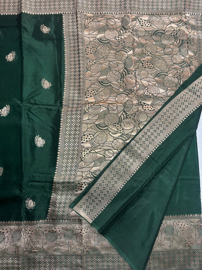 Dark Green Banarasi Russian Silk Saree with Light Gold Pallu & Border - Traditional Wear
