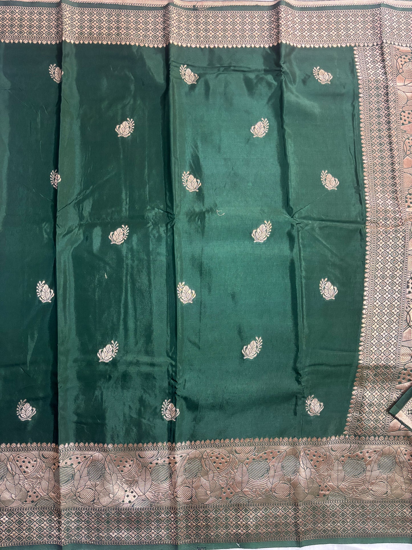 Dark Green Banarasi Russian Silk Saree with Light Gold Pallu & Border - Traditional Wear