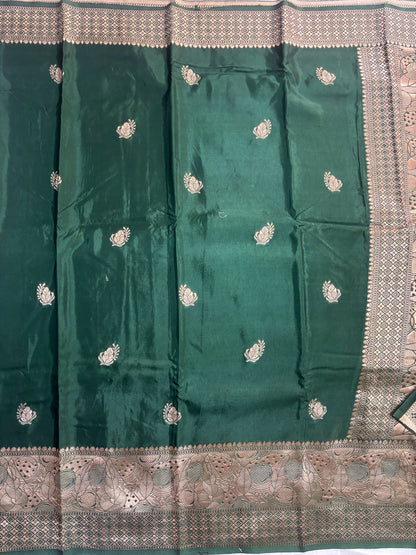 Dark Green Banarasi Russian Silk Saree with Light Gold Pallu & Border - Traditional Wear