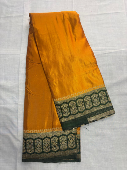 Mustard Yellow Banarasi Mashru Silk Saree with Geometrical Zari Pallu & Border - Traditional Wear