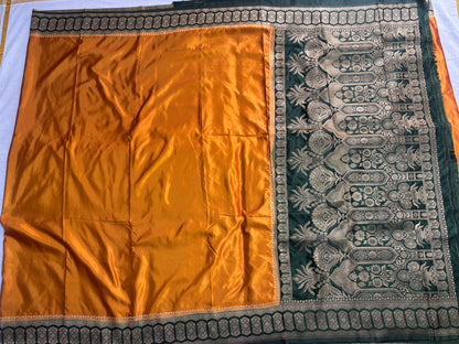 Mustard Yellow Banarasi Mashru Silk Saree with Geometrical Zari Pallu & Border - Traditional Wear
