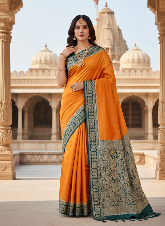 Mustard Yellow Banarasi Mashru Silk Saree with Geometrical Zari Pallu & Border - Traditional Wear