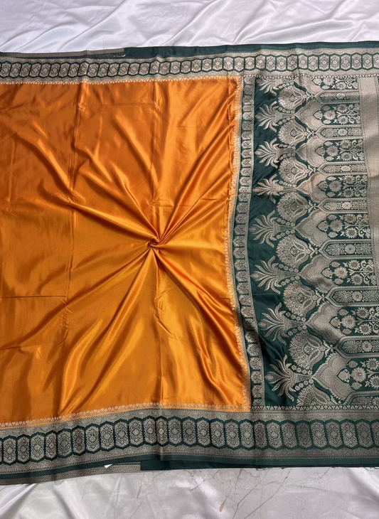 Mustard Yellow Banarasi Mashru Silk Saree with Geometrical Zari Pallu & Border - Traditional Wear