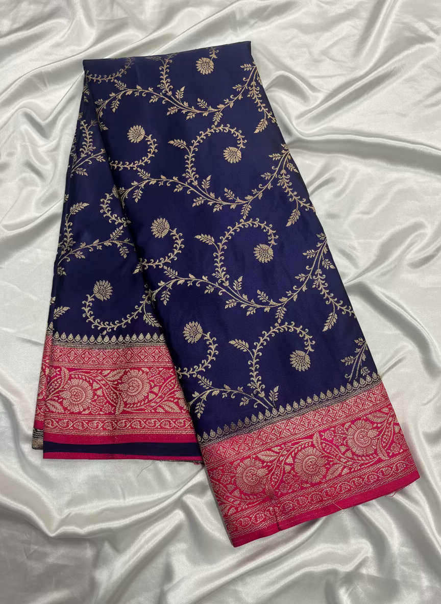 Navy Blue Banarasi Mashru Silk Saree with Gold Jaal Patterns with Contrast Border - Traditional Wear