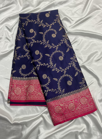 Navy Blue Banarasi Mashru Silk Saree with Gold Jaal Patterns with Contrast Border - Traditional Wear