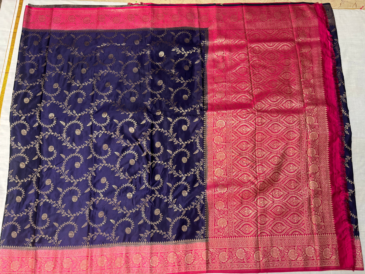 Navy Blue Banarasi Mashru Silk Saree with Gold Jaal Patterns with Contrast Border - Traditional Wear