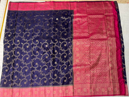 Navy Blue Banarasi Mashru Silk Saree with Gold Jaal Patterns with Contrast Border - Traditional Wear