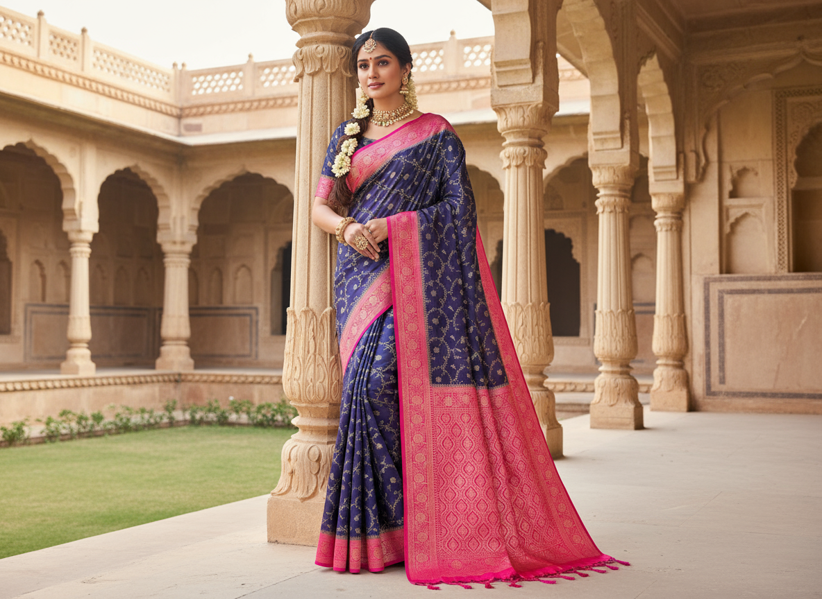 Navy Blue Banarasi Mashru Silk Saree with Gold Jaal Patterns with Contrast Border - Traditional Wear