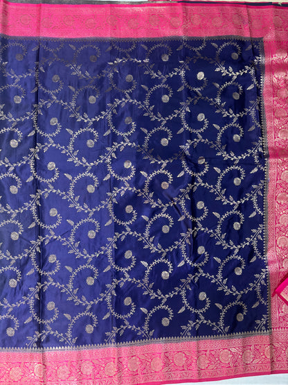Navy Blue Banarasi Mashru Silk Saree with Gold Jaal Patterns with Contrast Border - Traditional Wear