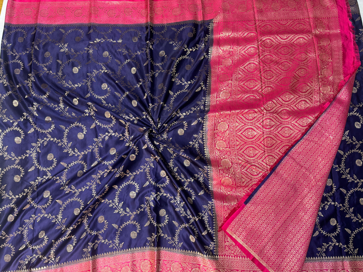 Navy Blue Banarasi Mashru Silk Saree with Gold Jaal Patterns with Contrast Border - Traditional Wear