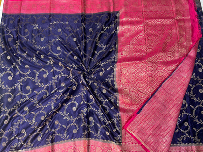 Navy Blue Banarasi Mashru Silk Saree with Gold Jaal Patterns with Contrast Border - Traditional Wear