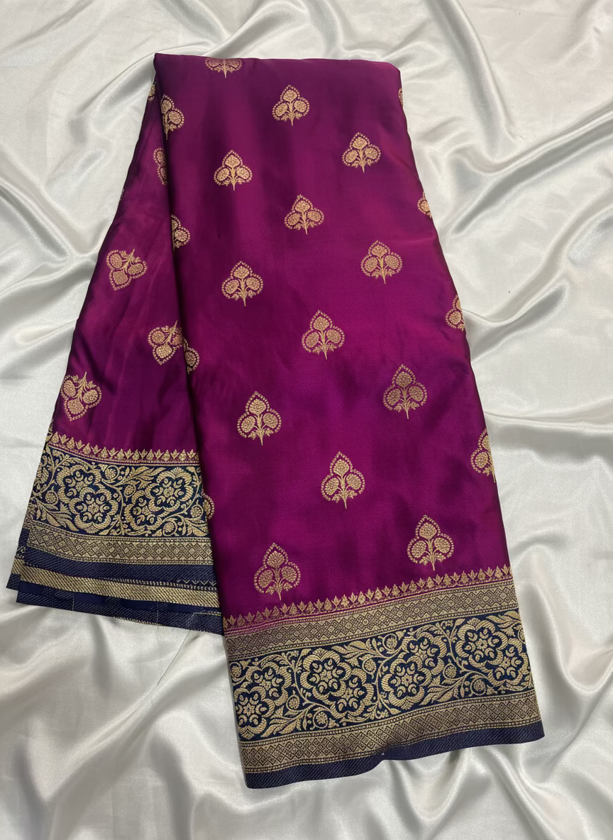 Wine Banarasi Mashru Silk Saree with Gold Floral Patterns with Contrast Border - Traditional Wear