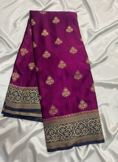 Wine Banarasi Mashru Silk Saree with Gold Floral Patterns with Contrast Border - Traditional Wear