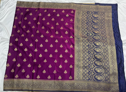 Wine Banarasi Mashru Silk Saree with Gold Floral Patterns with Contrast Border - Traditional Wear