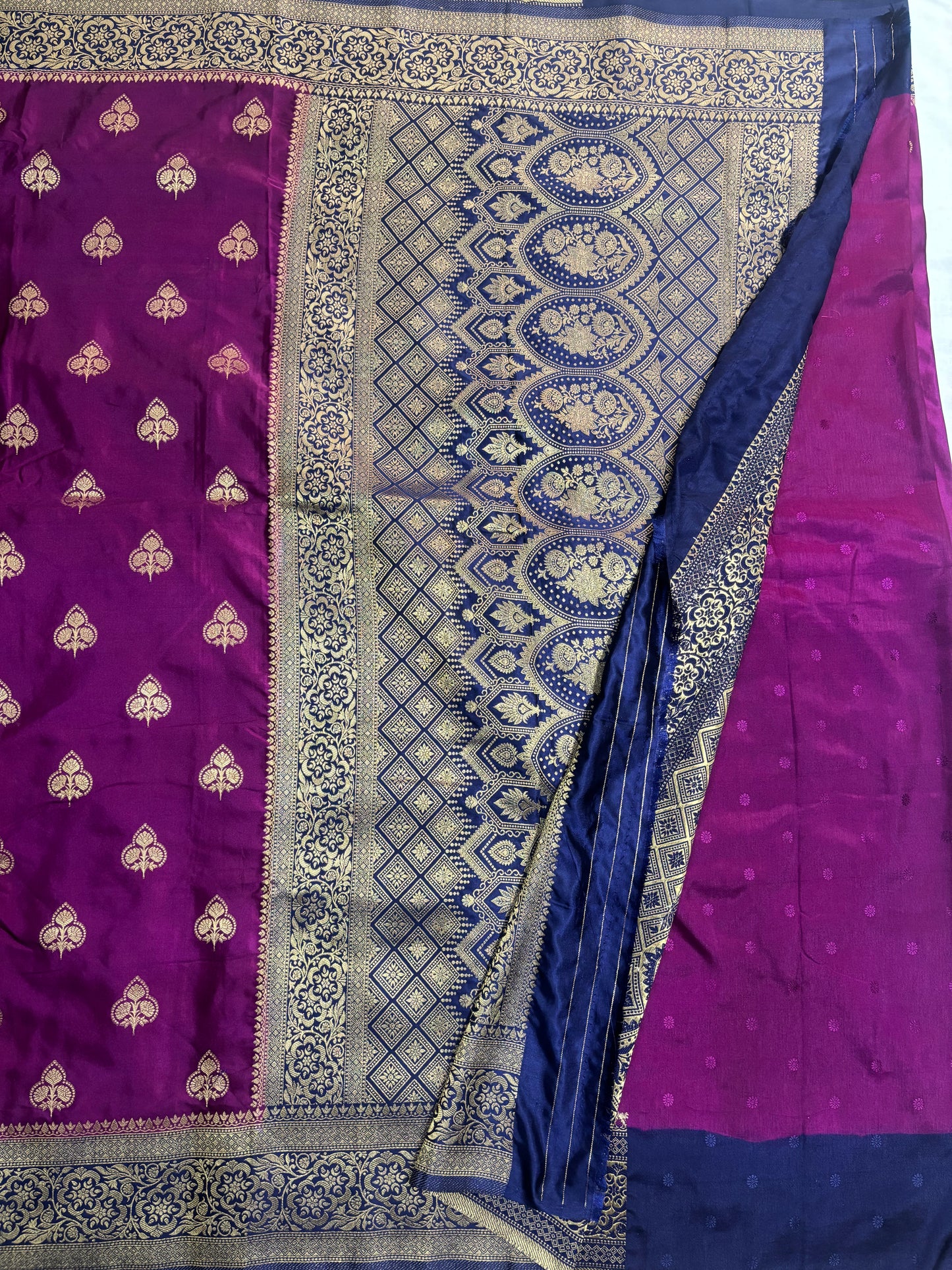 Wine Banarasi Mashru Silk Saree with Gold Floral Patterns with Contrast Border - Traditional Wear