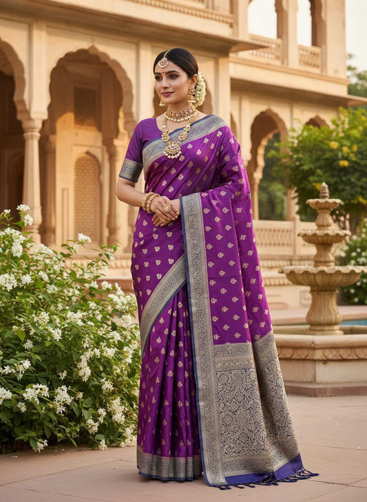 Wine Banarasi Mashru Silk Saree with Gold Floral Patterns with Contrast Border - Traditional Wear