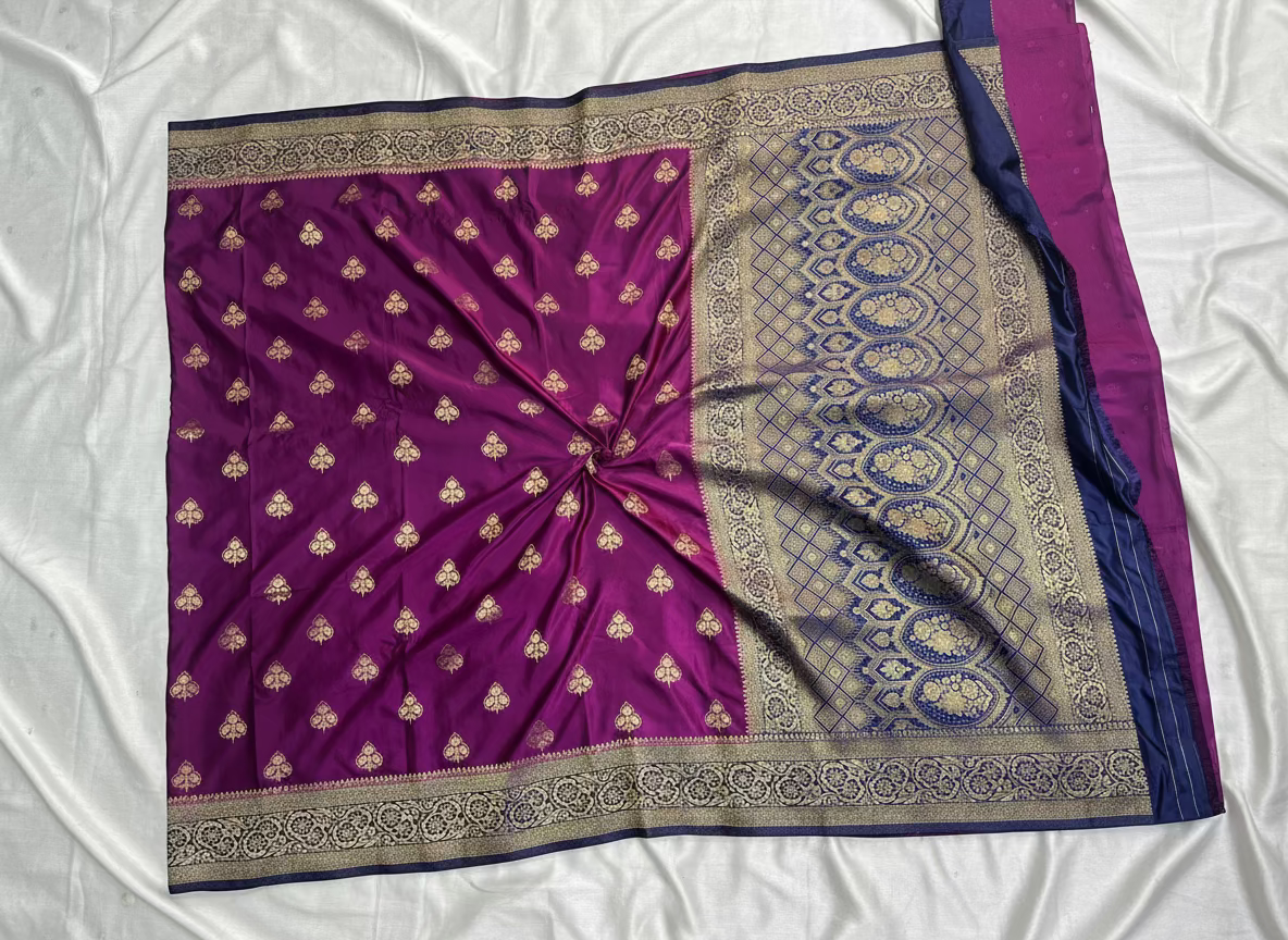 Wine Banarasi Mashru Silk Saree with Gold Floral Patterns with Contrast Border - Traditional Wear