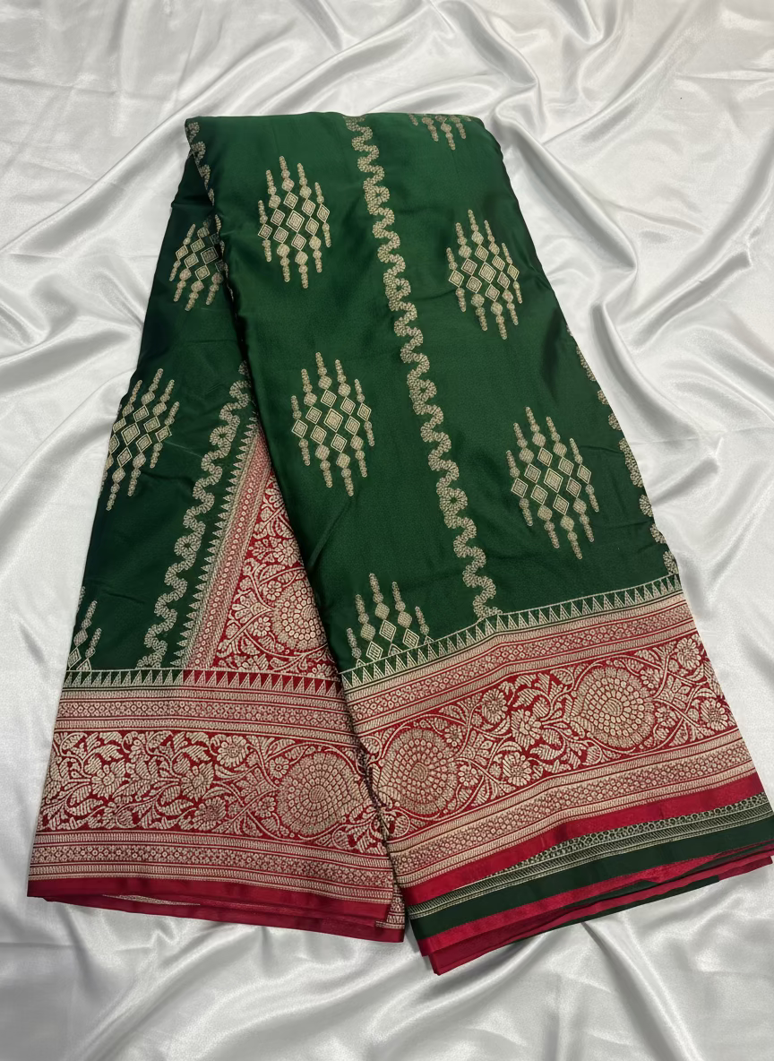 Dark Green Banarasi Mashru Silk Saree with Vertical Silver Pattern with Contrast Border - Traditional Wear