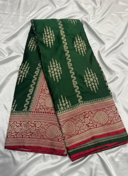 Dark Green Banarasi Mashru Silk Saree with Vertical Silver Pattern with Contrast Border - Traditional Wear
