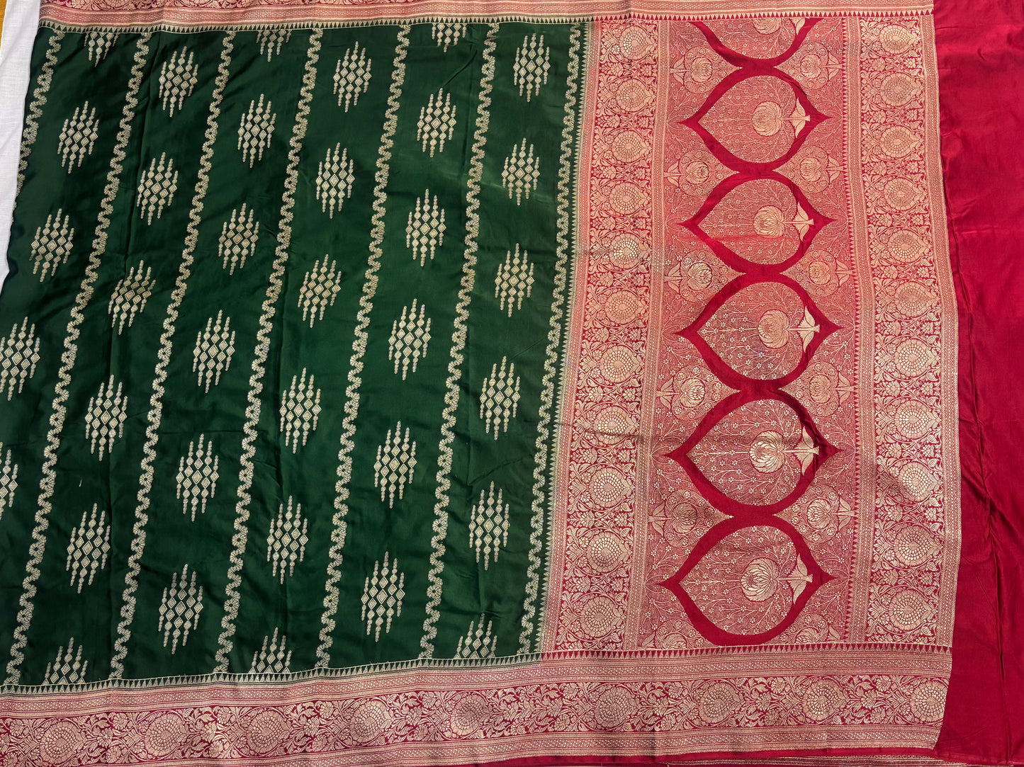 Dark Green Banarasi Mashru Silk Saree with Vertical Silver Pattern with Contrast Border - Traditional Wear