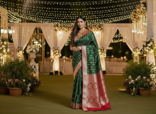 Dark Green Banarasi Mashru Silk Saree with Vertical Silver Pattern with Contrast Border - Traditional Wear