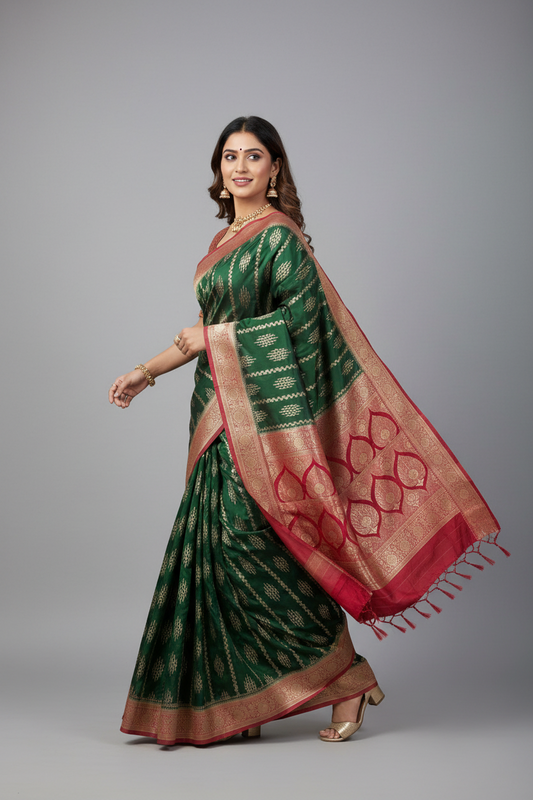 Dark Green Banarasi Mashru Silk Saree with Vertical Silver Pattern with Contrast Border - Traditional Wear
