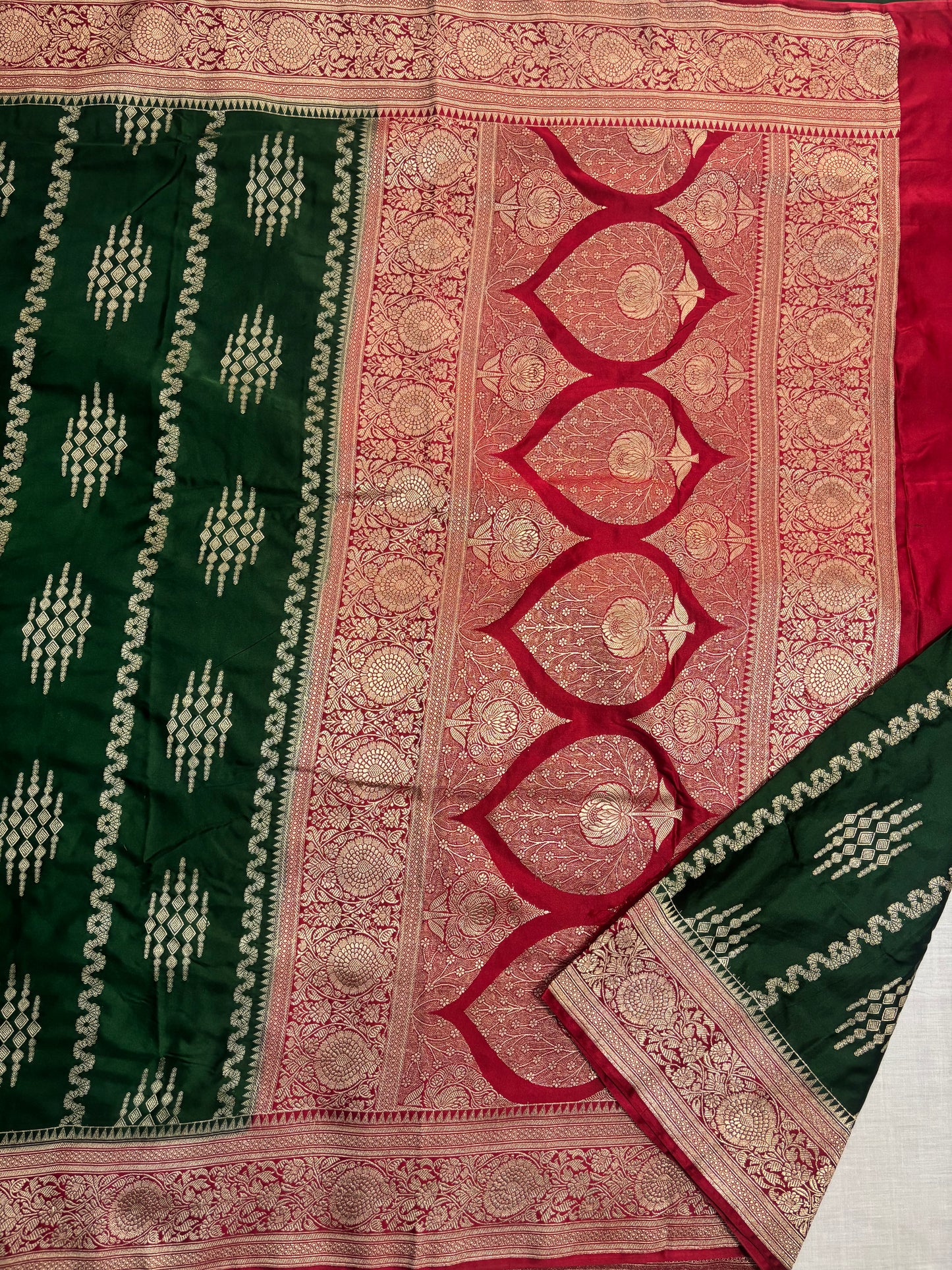 Dark Green Banarasi Mashru Silk Saree with Vertical Silver Pattern with Contrast Border - Traditional Wear