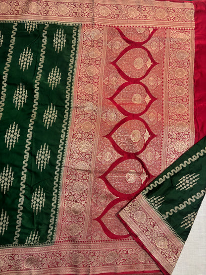 Dark Green Banarasi Mashru Silk Saree with Vertical Silver Pattern with Contrast Border - Traditional Wear