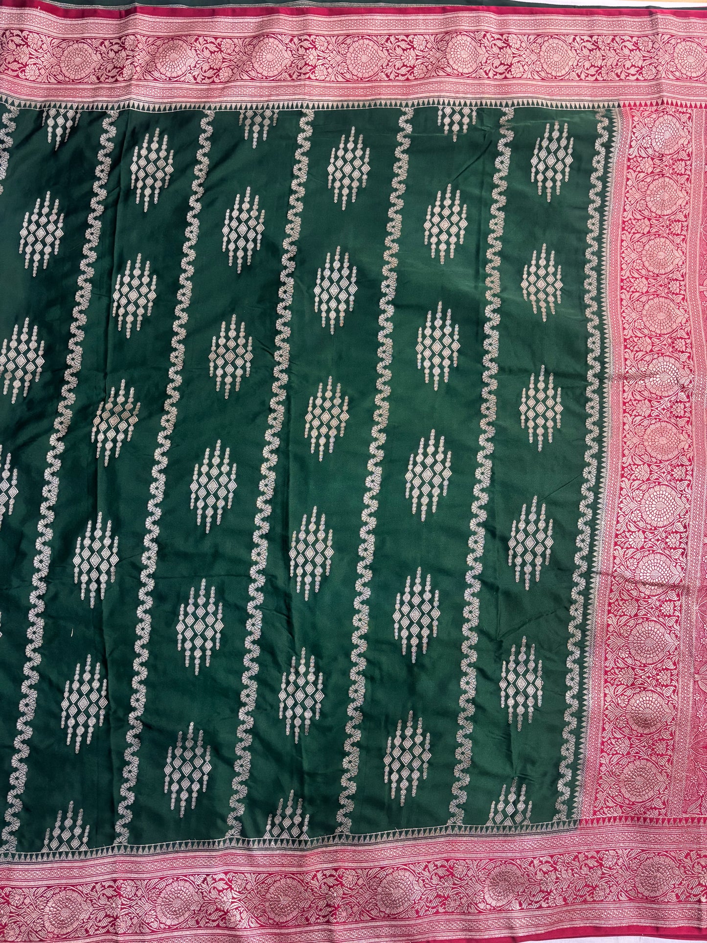 Dark Green Banarasi Mashru Silk Saree with Vertical Silver Pattern with Contrast Border - Traditional Wear
