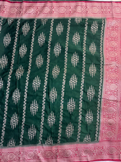 Dark Green Banarasi Mashru Silk Saree with Vertical Silver Pattern with Contrast Border - Traditional Wear
