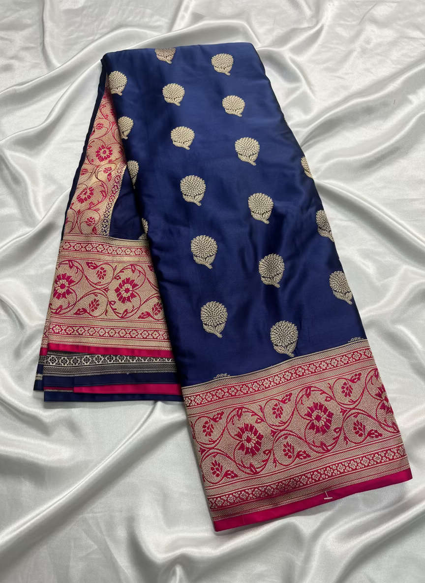 Indigo Banarasi Mashru Silk Saree with Silver Flower Butta Pattern with Contrast Border - Traditional Wear