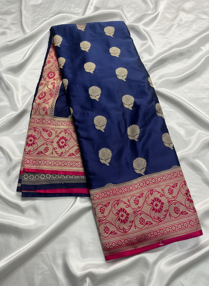 Indigo Banarasi Mashru Silk Saree with Silver Flower Butta Pattern with Contrast Border - Traditional Wear