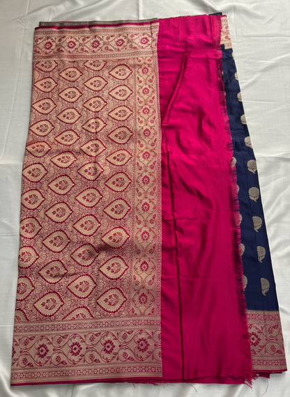 Indigo Banarasi Mashru Silk Saree with Silver Flower Butta Pattern with Contrast Border - Traditional Wear