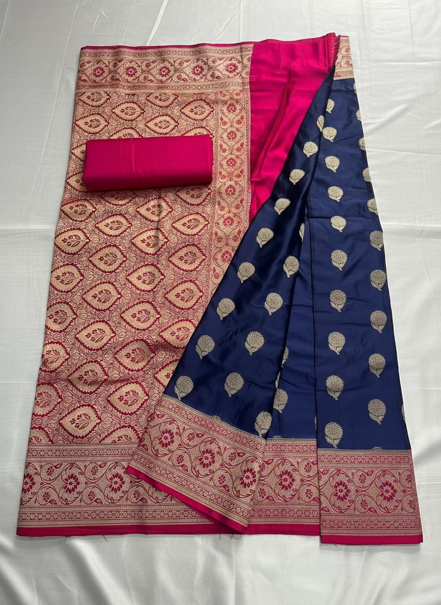 Indigo Banarasi Mashru Silk Saree with Silver Flower Butta Pattern with Contrast Border - Traditional Wear