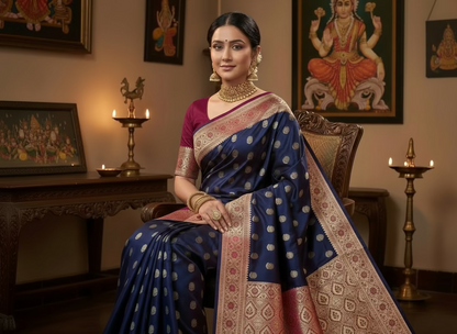 Indigo Banarasi Mashru Silk Saree with Silver Flower Butta Pattern with Contrast Border - Traditional Wear