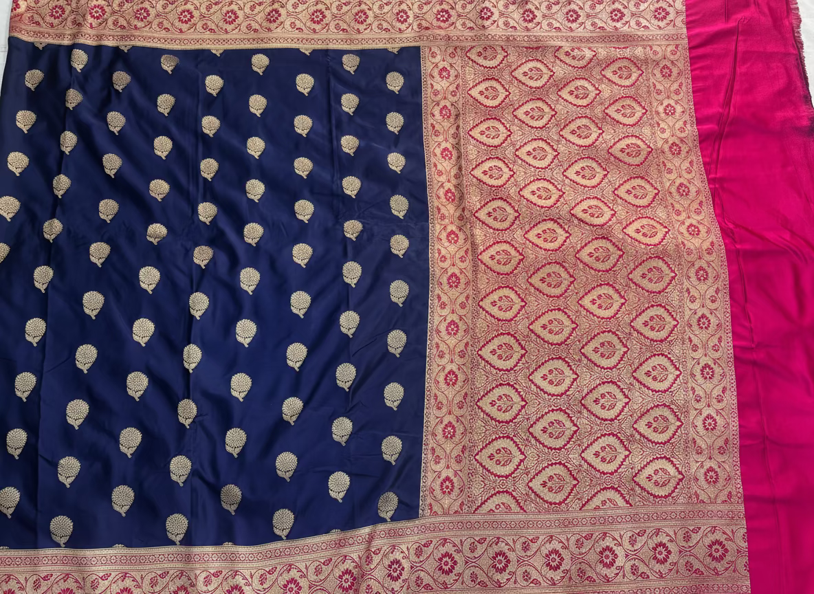 Indigo Banarasi Mashru Silk Saree with Silver Flower Butta Pattern with Contrast Border - Traditional Wear