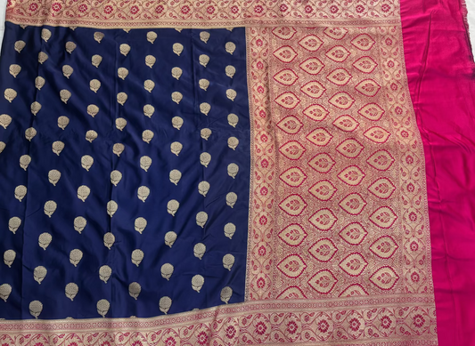 Indigo Banarasi Mashru Silk Saree with Silver Flower Butta Pattern with Contrast Border - Traditional Wear
