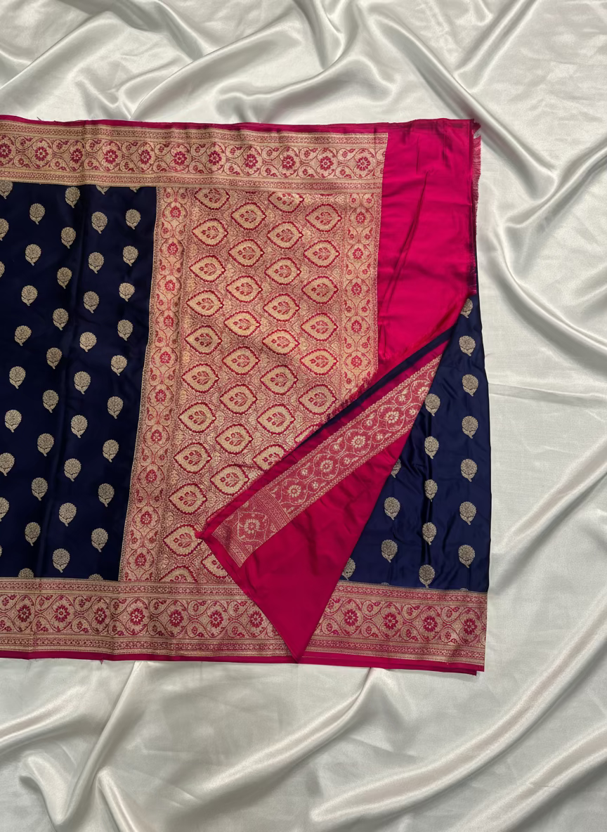 Indigo Banarasi Mashru Silk Saree with Silver Flower Butta Pattern with Contrast Border - Traditional Wear