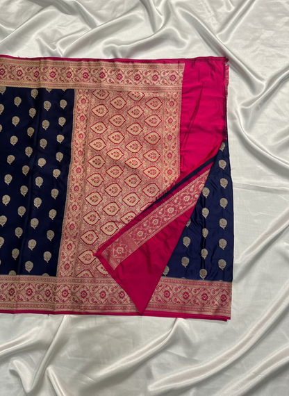 Indigo Banarasi Mashru Silk Saree with Silver Flower Butta Pattern with Contrast Border - Traditional Wear