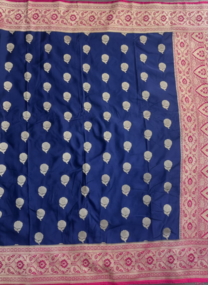 Indigo Banarasi Mashru Silk Saree with Silver Flower Butta Pattern with Contrast Border - Traditional Wear