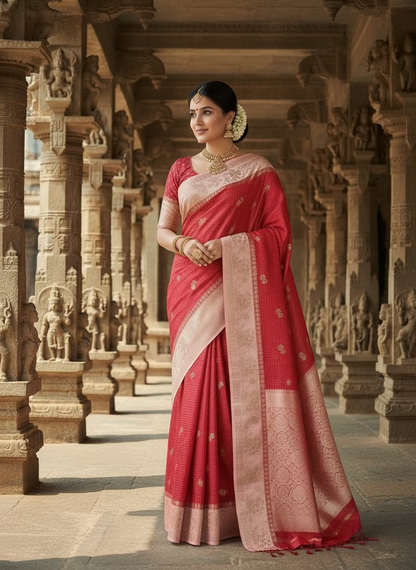 Red & Peach Banarasi Russian Silk Saree in Checkered pattern with Small Floral Butta in Contrast Border- Traditional Wear