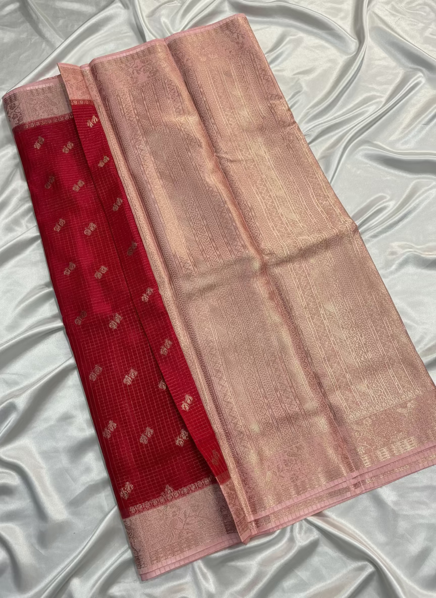 Red & Peach Banarasi Russian Silk Saree in Checkered pattern with Small Floral Butta in Contrast Border- Traditional Wear