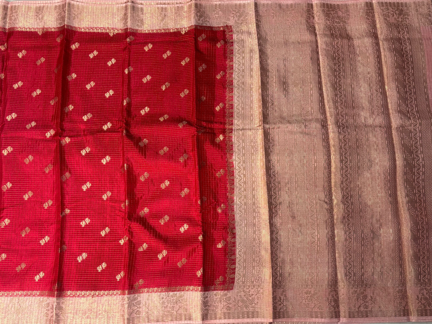 Red & Peach Banarasi Russian Silk Saree in Checkered pattern with Small Floral Butta in Contrast Border- Traditional Wear