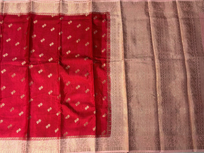 Red & Peach Banarasi Russian Silk Saree in Checkered pattern with Small Floral Butta in Contrast Border- Traditional Wear