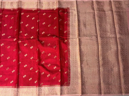 Red & Peach Banarasi Russian Silk Saree in Checkered pattern with Small Floral Butta in Contrast Border- Traditional Wear