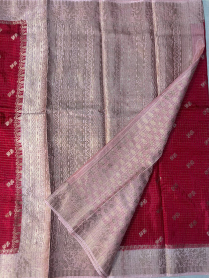 Red & Peach Banarasi Russian Silk Saree in Checkered pattern with Small Floral Butta in Contrast Border- Traditional Wear