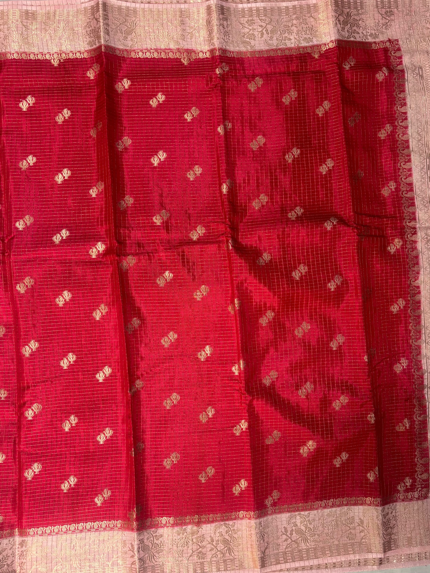 Red & Peach Banarasi Russian Silk Saree in Checkered pattern with Small Floral Butta in Contrast Border- Traditional Wear